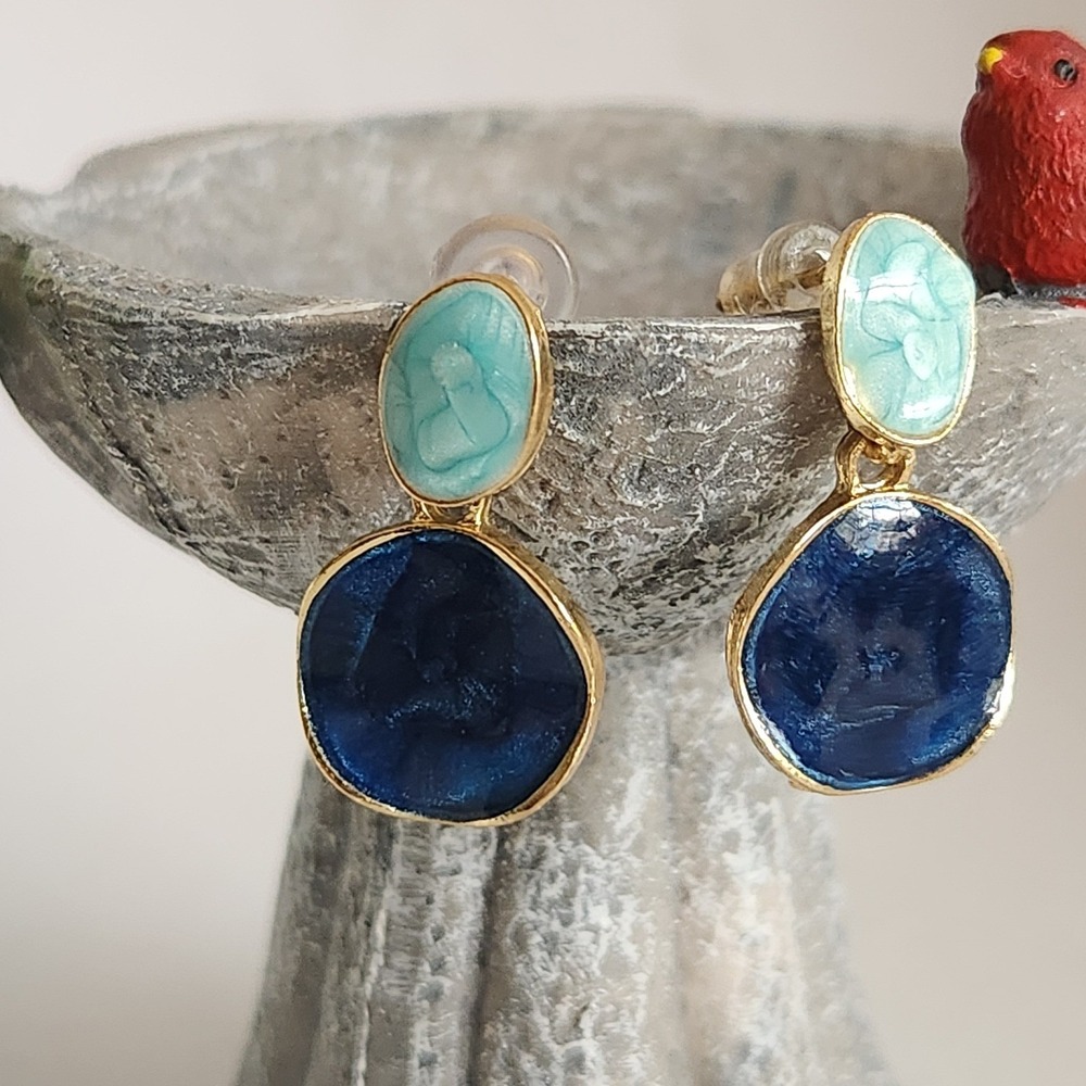 Navy Blue Turquoise Marbled‎ Enamel Gold Tone Two Tier Drop Dangle Earrings - Picture 3 of 4